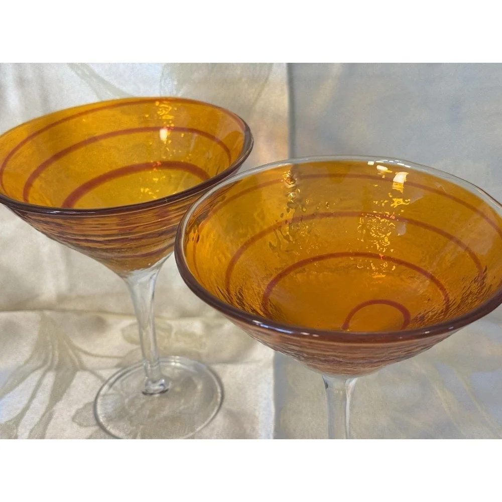 Pier 1 Hand Blown Glasses Set of 2 Orange Red Swirl Margarita Martini Barware